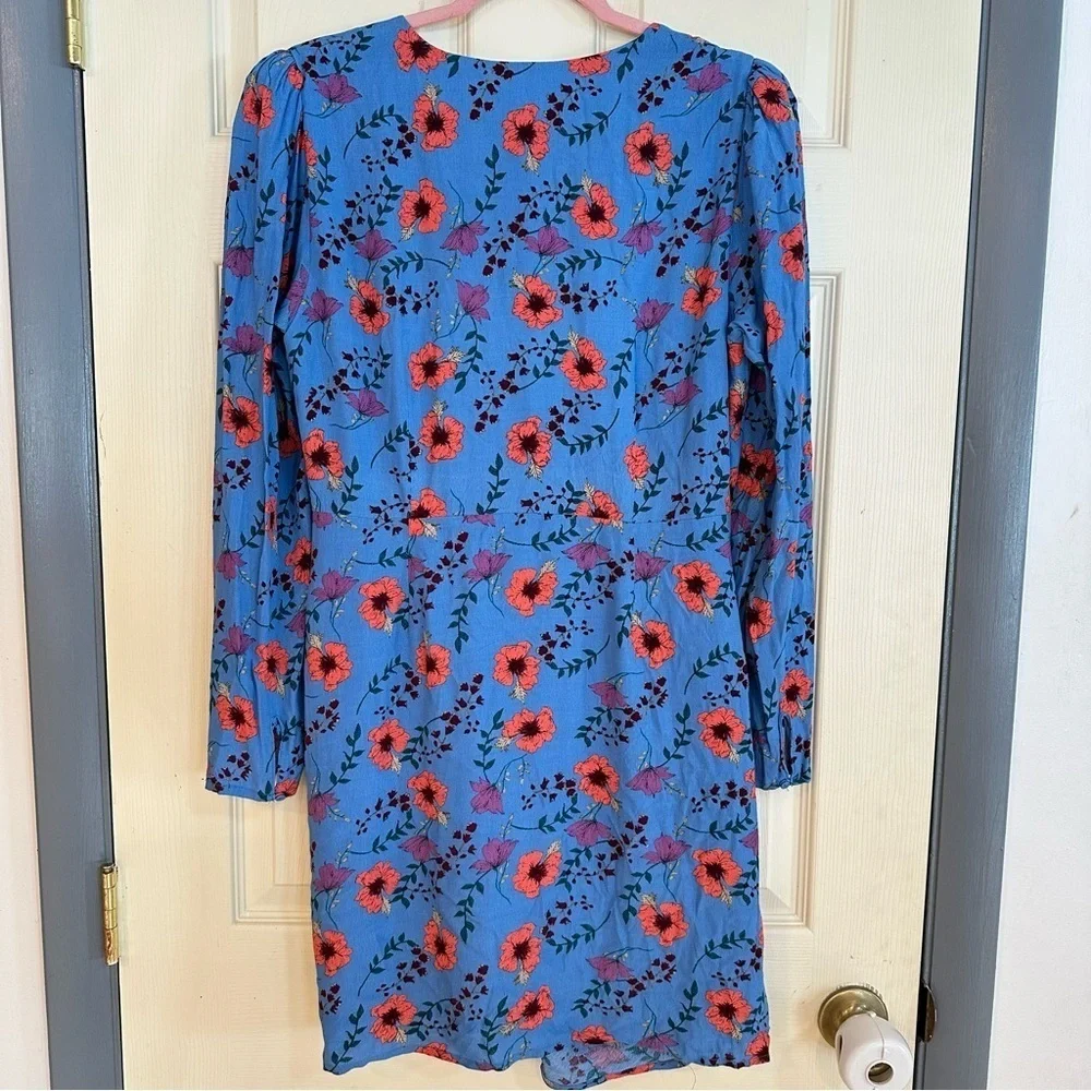 EU ASTR Ruffle Front Blue Floral Long Sleeve Mini Dress - Picture 3 of 12